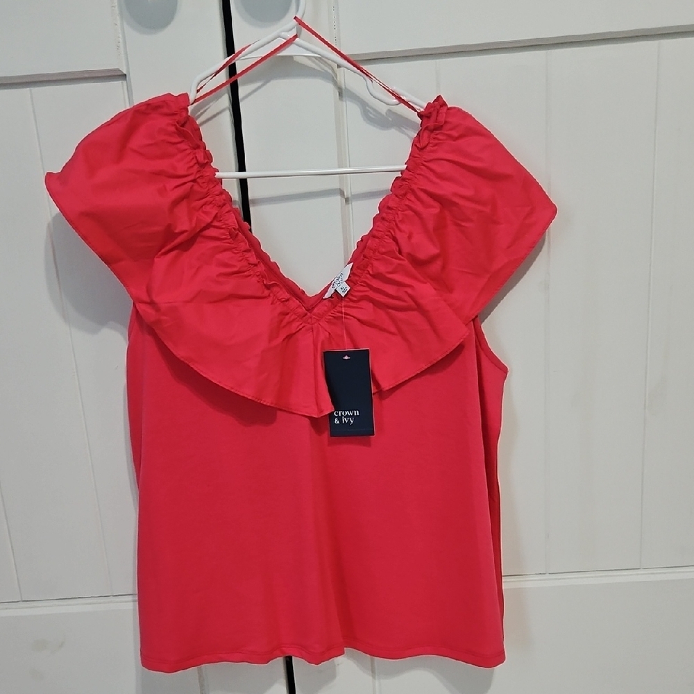 Crown & Ivy Vibrant Coral/ Pink Ruffled Blouse